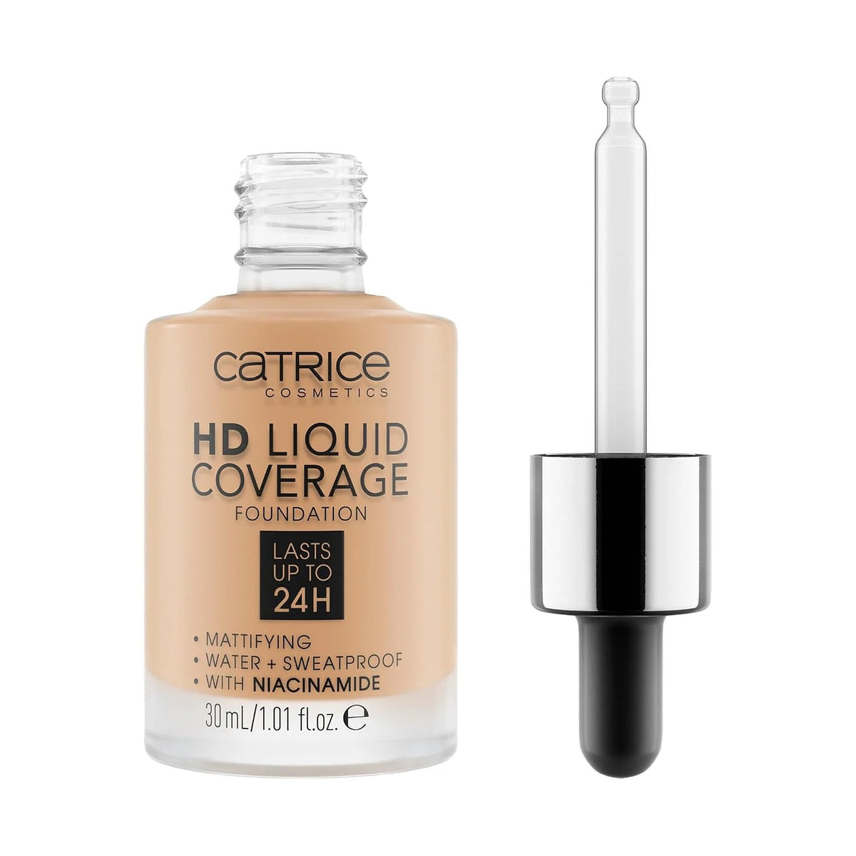 Fond de teint Catrice HD Liquid Coverage 30 ml, teinte 042 Sandy Rose, sur fond blanc