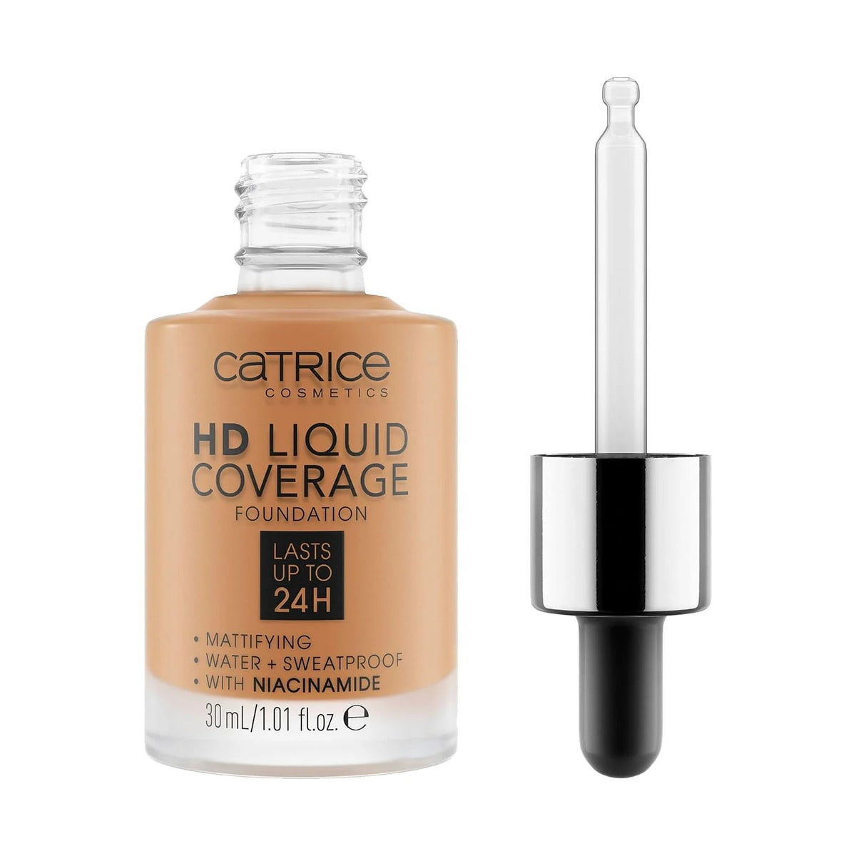 Fond de teint Catrice HD Liquid Coverage 30 ml, teinte 065 Bronze Beige, sur fond blanc