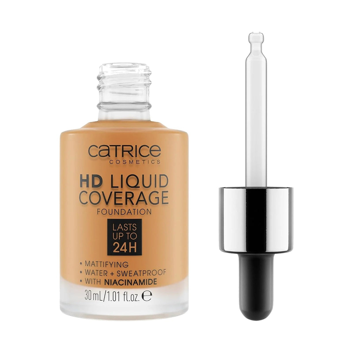 Fond de teint Catrice HD Liquid Coverage 30 ml, teinte 066 Warm Toffee, sur fond blanc