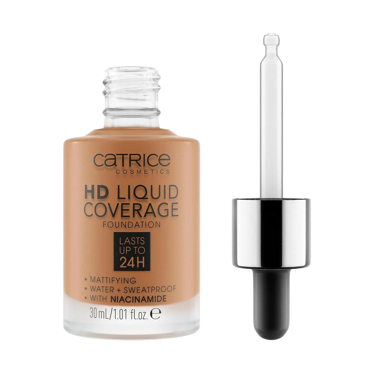 Fond de teint Catrice HD Liquid Coverage 30 ml, teinte 080 Caramel Beige, sur fond blanc