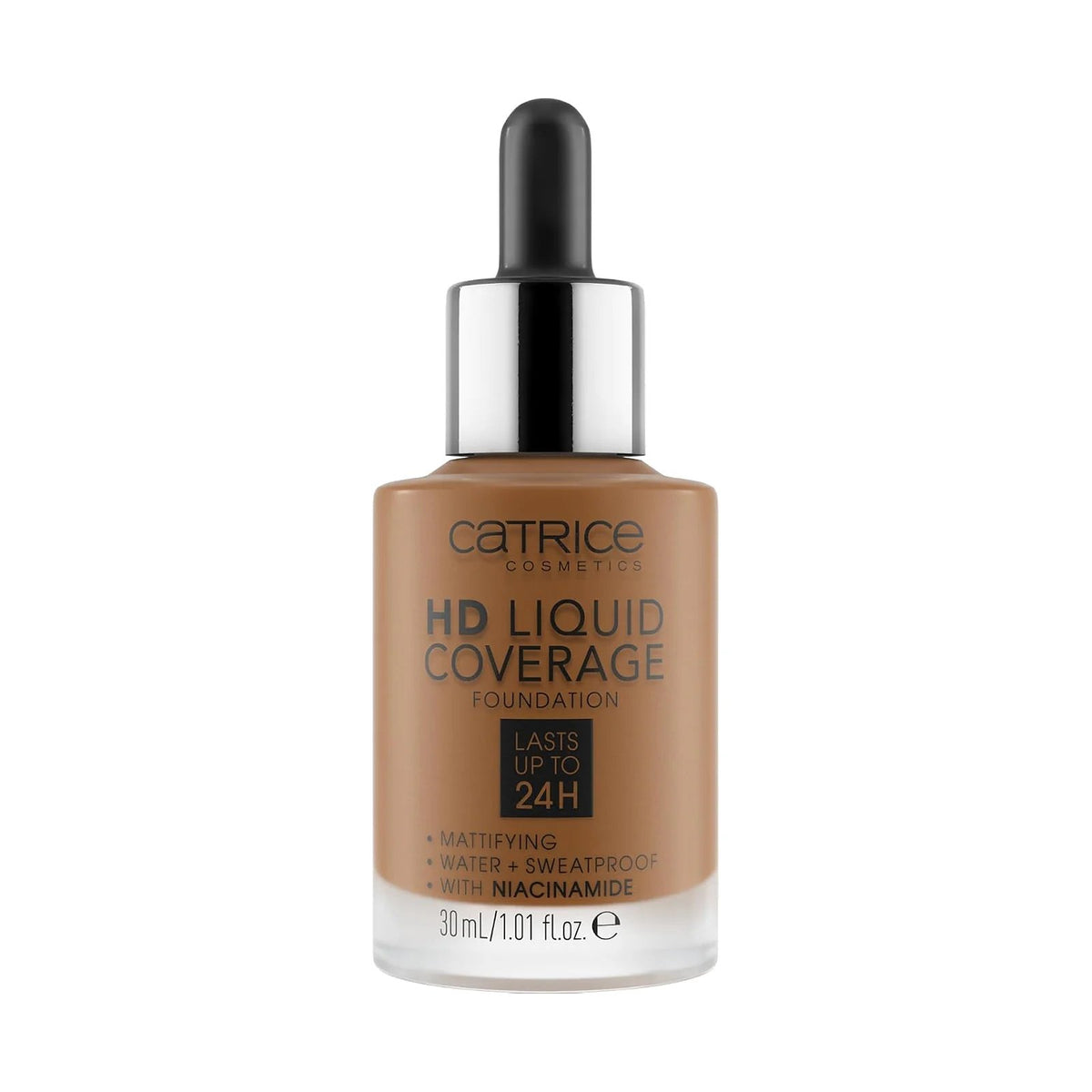 Fond de teint Catrice HD Liquid Coverage 30 ml, teinte 090 Espresso Beige, sur fond blanc