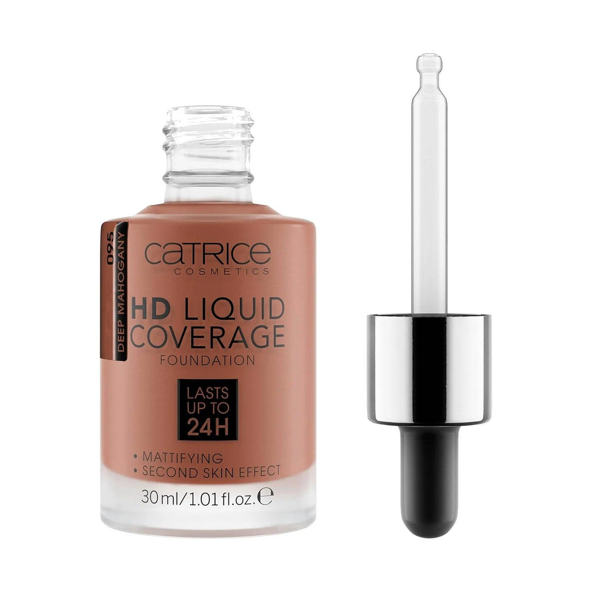 Fond de teint Catrice HD Liquid Coverage 30 ml, teinte 095 Deep Mahogany, sur fond blanc