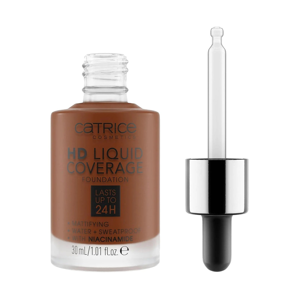 Fond de teint Catrice HD Liquid Coverage 30 ml, teinte 097 Cool Mocha, sur fond blanc