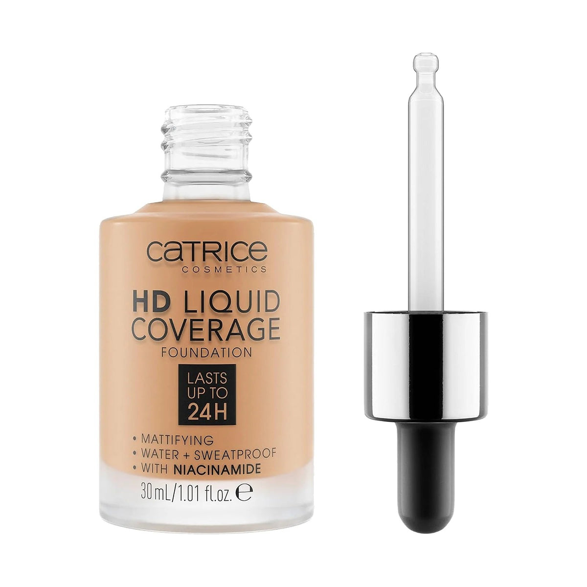 Fond de teint Catrice HD Liquid Coverage 30 ml, teinte Camel Beige, sur fond blanc