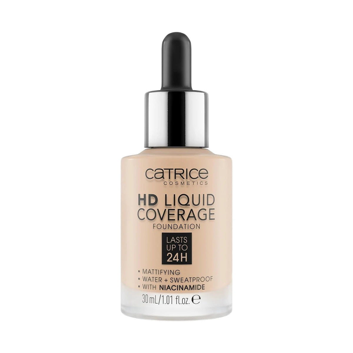 Fond de teint Catrice HD Liquid Coverage 30 ml, teinte Light Beige, sur fond blanc