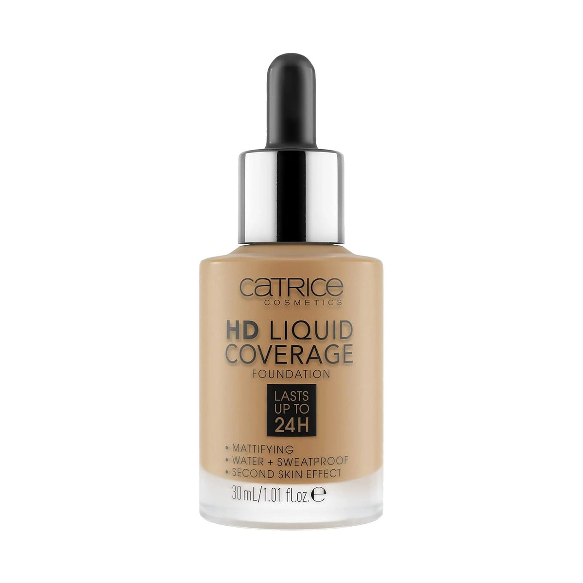Fond de teint Catrice HD Liquid Coverage 30 ml, teinte Warm Bamboo, sur fond blanc