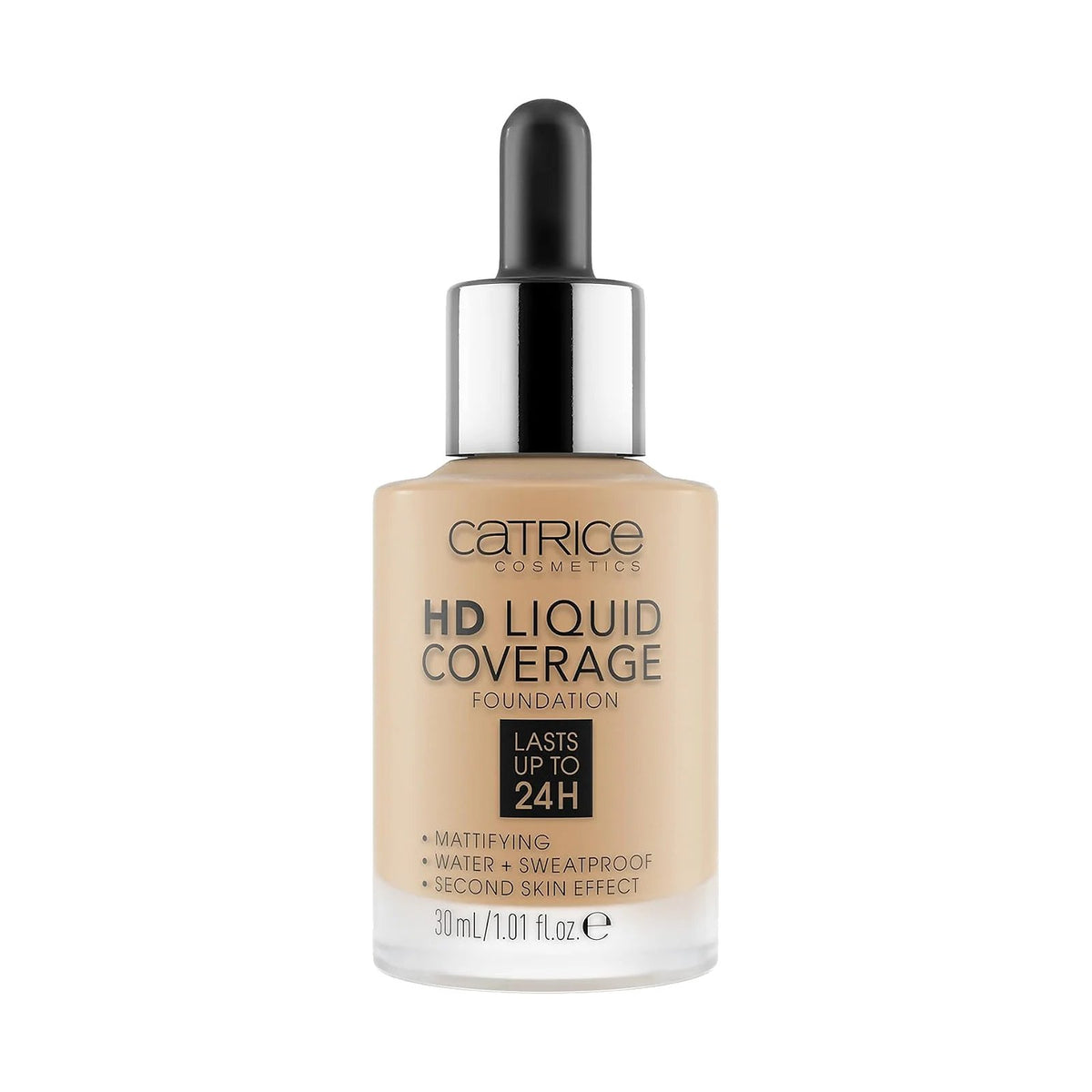 Fond de teint Catrice HD Liquid Coverage 30 ml, teinte Warm Driftwood, sur fond blanc