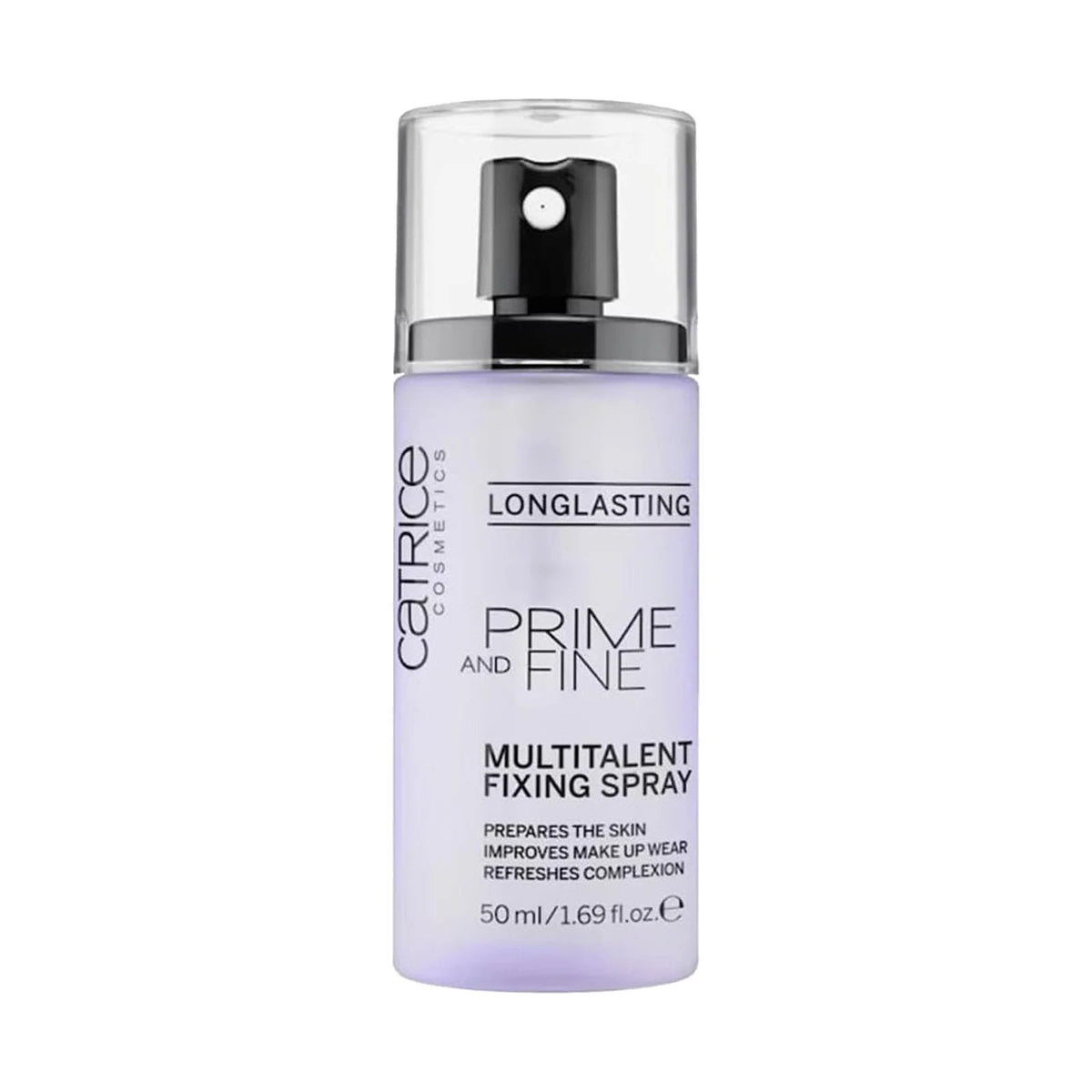 Spray fixateur Catrice Prime And Fine Multitalent Fixing Spray 50 ml, sur fond blanc
