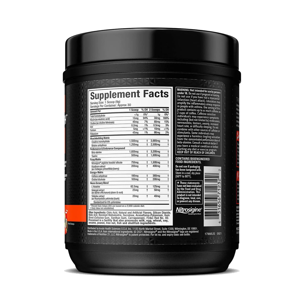 MuscleTech Vapor X5 pré-entraînement à la créatine et à la bêta-alanine, 30 doses, étiquette au dos, photo du produit seul sur fond blanc