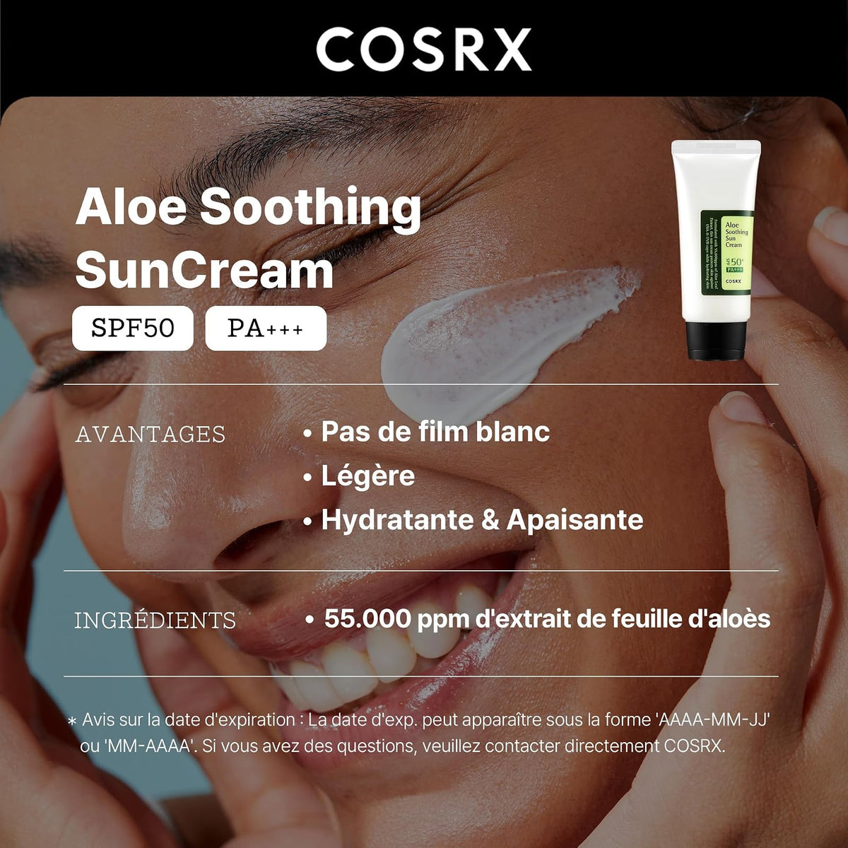 COSRX Aloe Soothing crème solaire SPF50+ sans traces blanches, 50 ml · photo 2