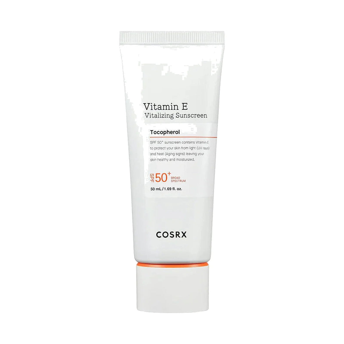 Écran solaire COSRX Vitamin E Vitalizing Sunscreen SPF 50+ 50 ml, tube seul sur fond blanc