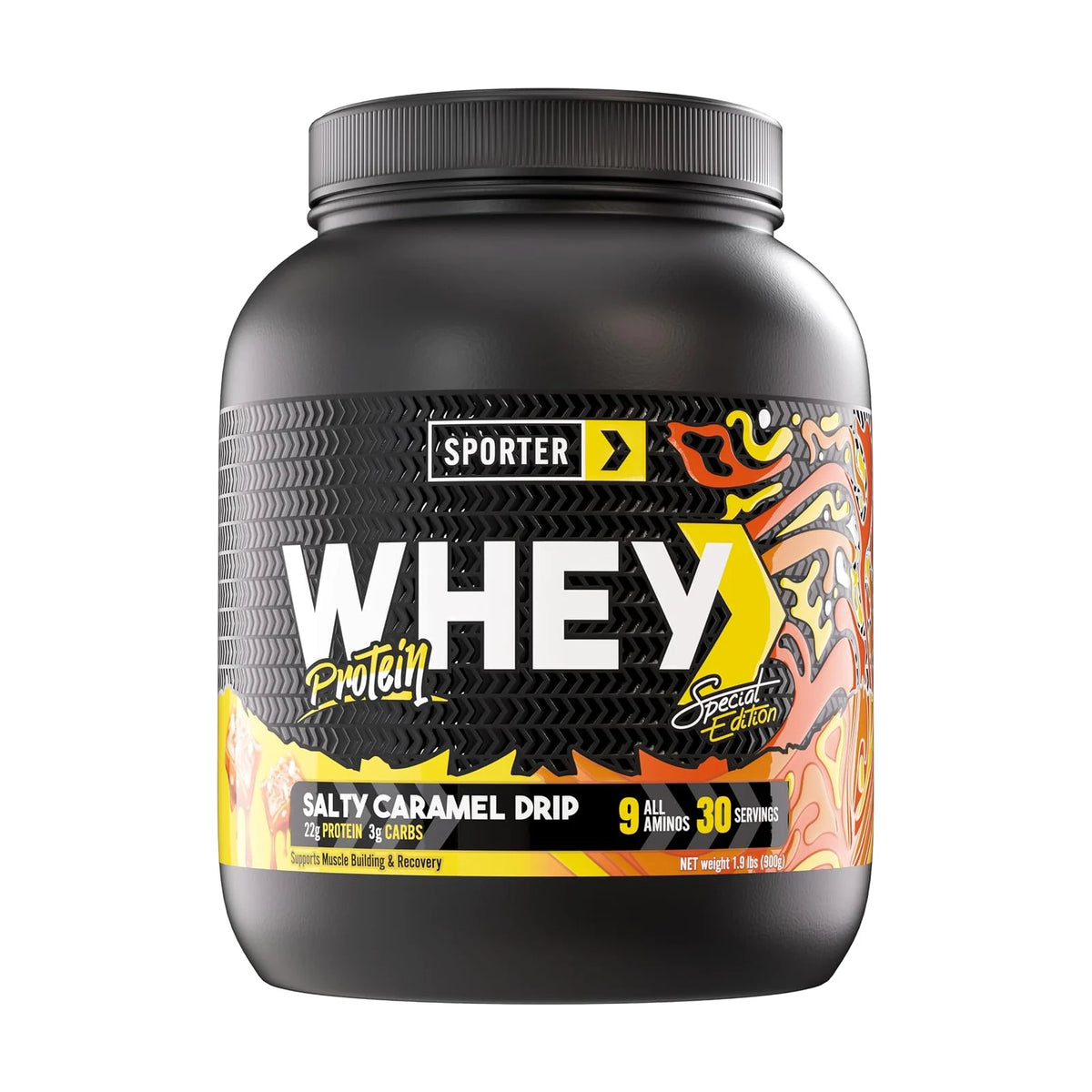 Sporter Whey Protein 1,9 lb – Salty caramel drip, photo du produit seul sur fond blanc