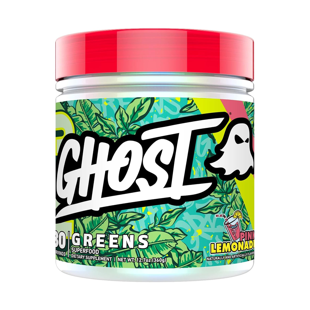 Ghost Greens poudre de superaliments verts et rouges avec probiotiques, 30 doses – Limonade rose, photo du produit seul sur fond blanc