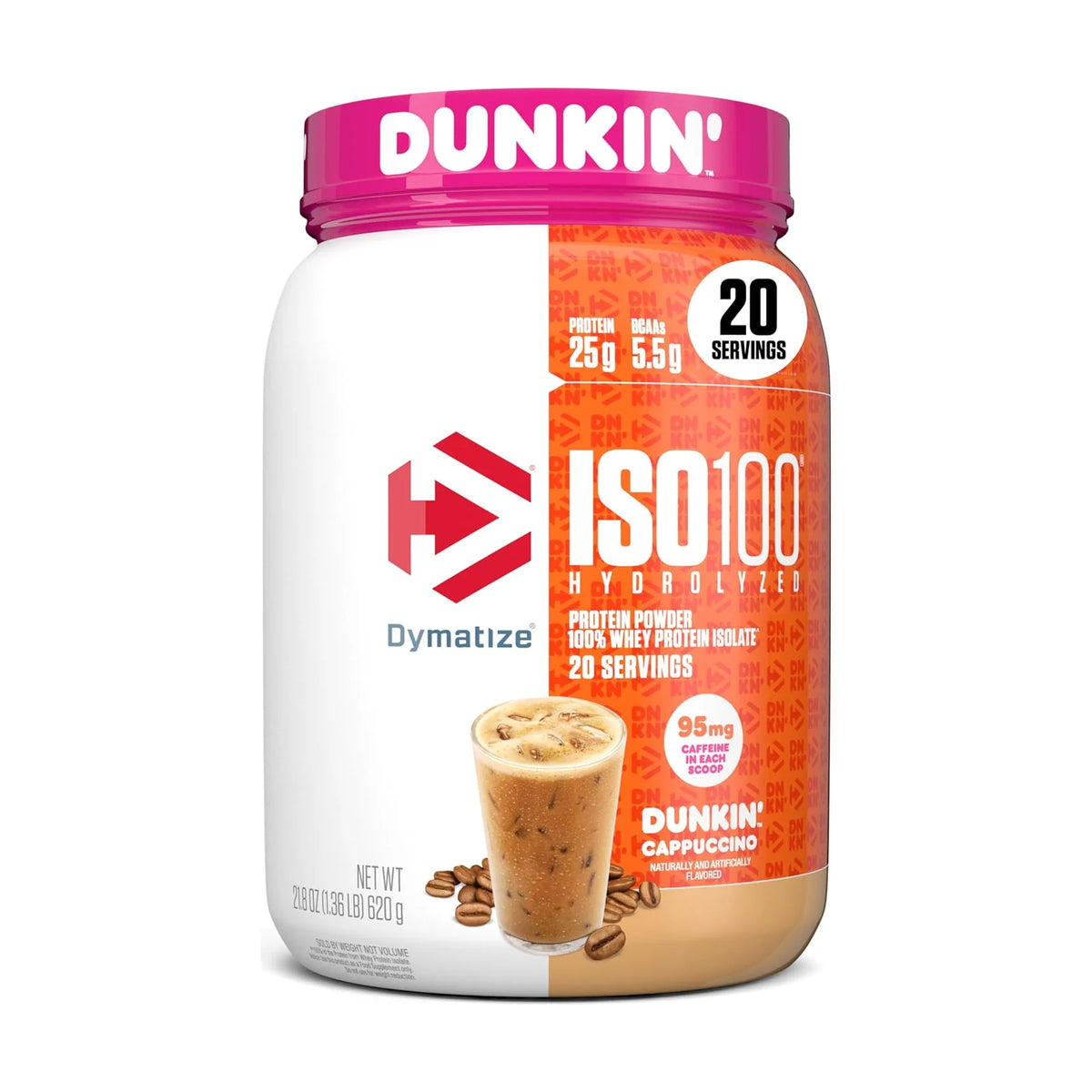 Dymatize ISO100 isolat de whey hydrolysé – 20 doses, Cappuccino, photo du produit seul sur fond blanc
