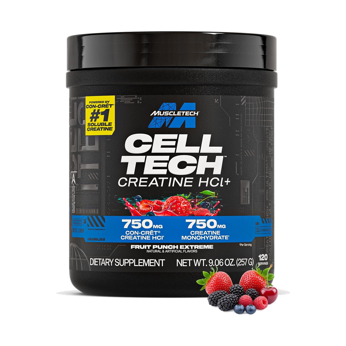 MuscleTech Cell-Tech Creactor créatine HCl+ en poudre – Punch aux fruits, 257 g, photo du produit seul sur fond blanc