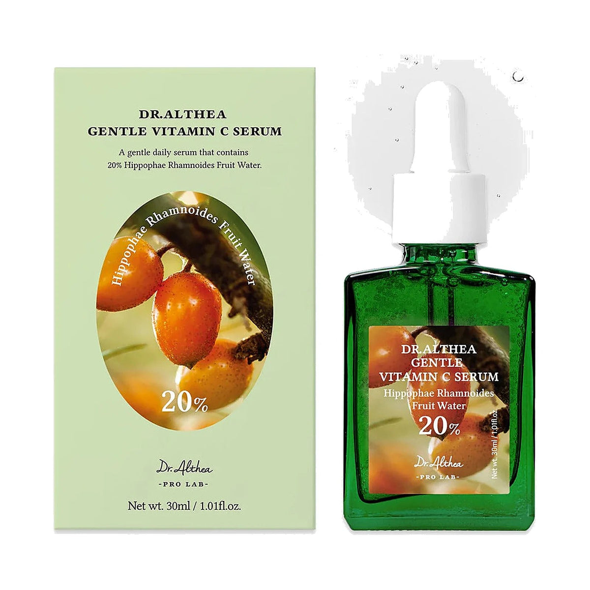 Sérum Dr.Althea Gentle Vitamin C 30 ml, flacon vert et sa boîte sur fond blanc