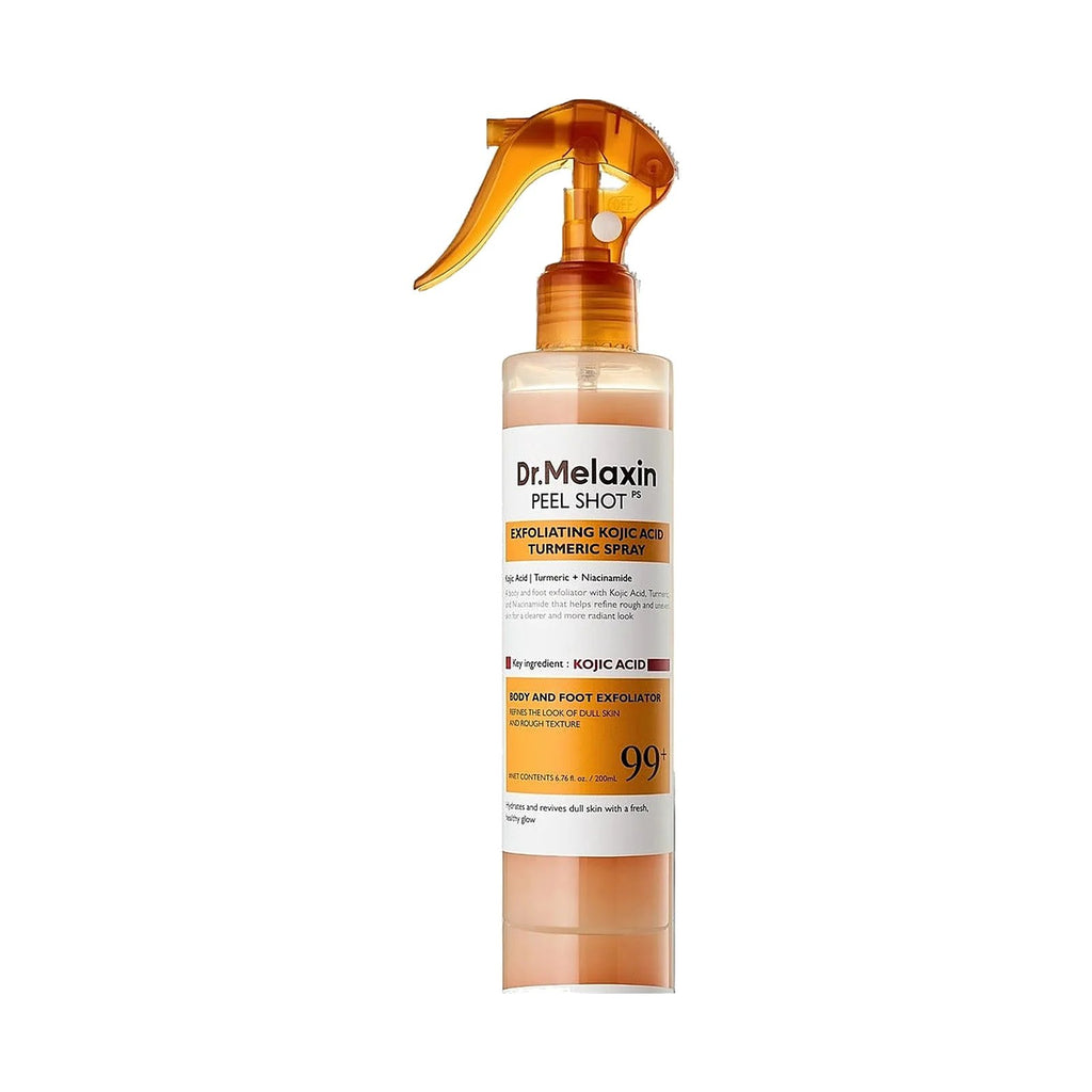 Spray corps Dr.Melaxin Peel Shot Kojic Acid Turmeric Spray 200 ml, flacon seul sur fond blanc