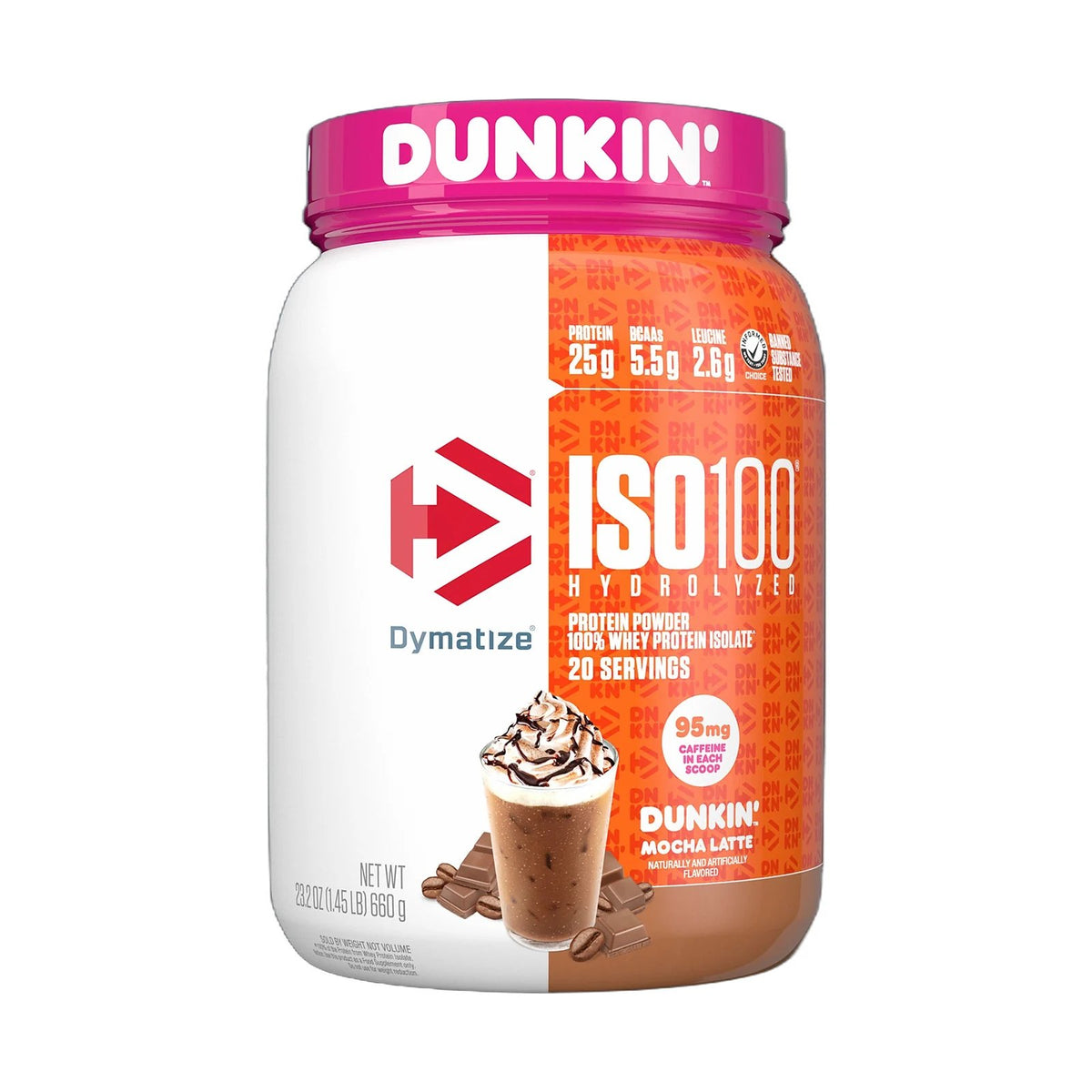 Dymatize ISO100 Mocha Latte 1.6 lb, pot de protéine en poudre, vu de face sur fond neutre