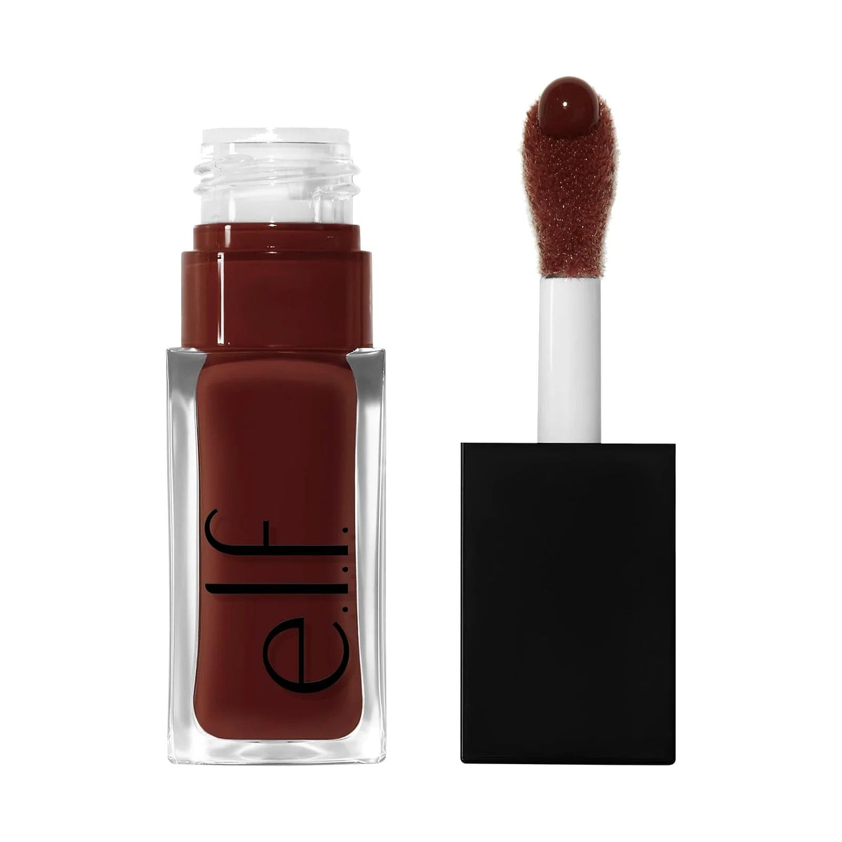 Huile à lèvres e.l.f. Glow Reviver Lip Oil, teinte Hot as Fudge, sur fond blanc