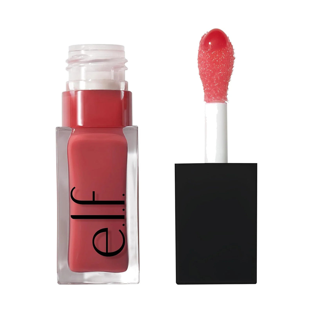 Huile à lèvres e.l.f. Glow Reviver Lip Oil, teinte Rose Envy, sur fond blanc