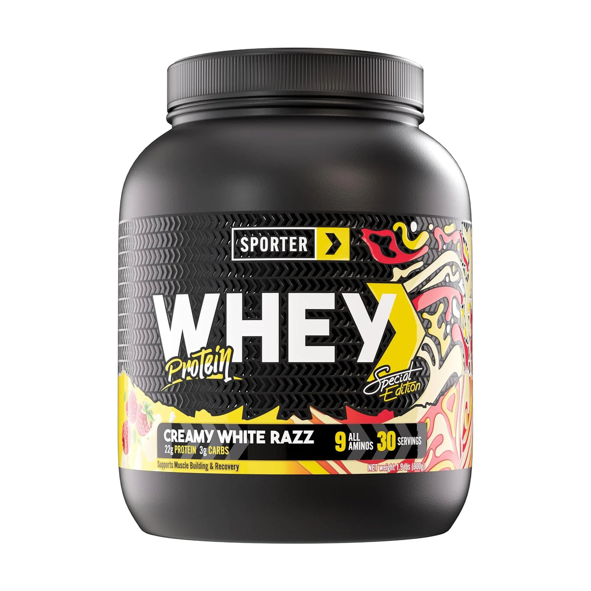 Sporter Whey Protein 1,9 lb – Creamy white razz, photo du produit seul sur fond blanc