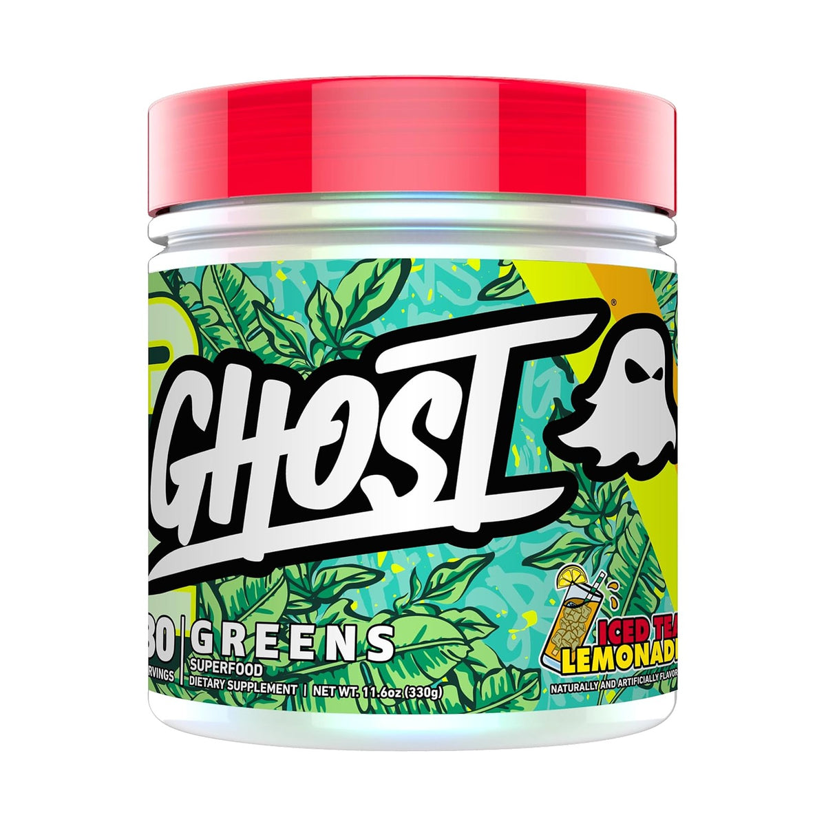 Ghost Greens poudre de superaliments verts et rouges avec probiotiques, 30 doses – Thé glacé citron, photo du produit seul sur fond blanc