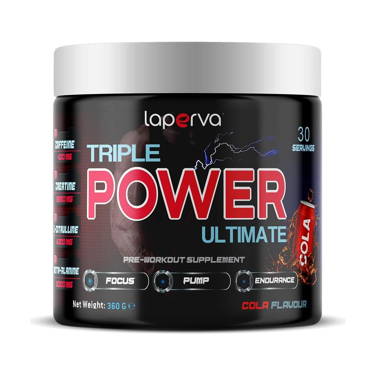 Laperva Triple Power pré-workout – Cola (360 g), photo du produit seul sur fond blanc