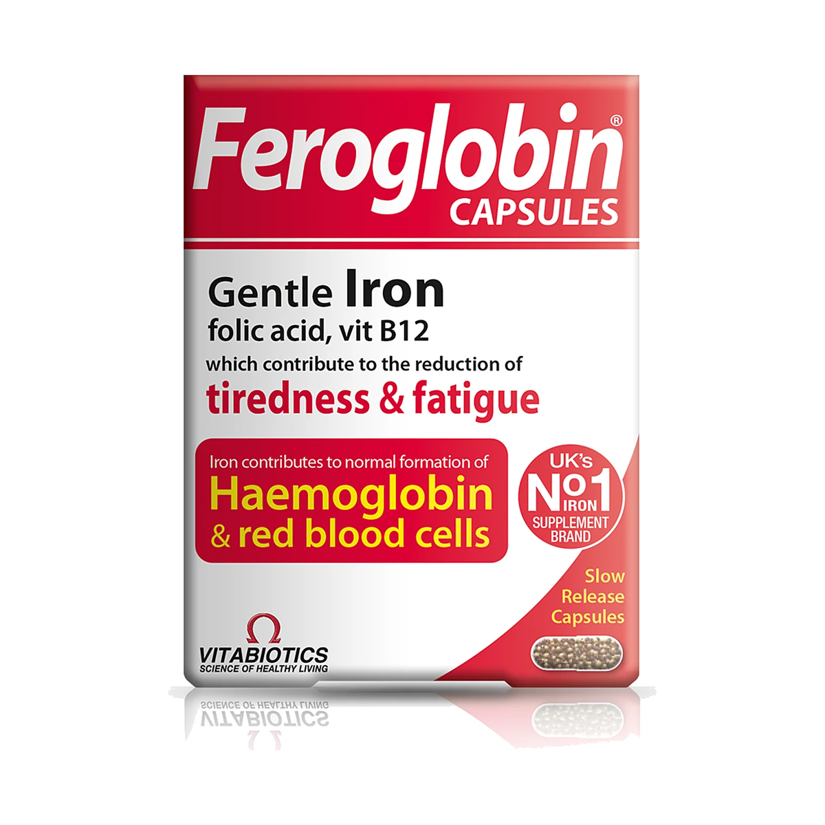 Boîte de complément Vitabiotics Feroglobin, fer avec vitamines C et B12 en gélules, photo du produit