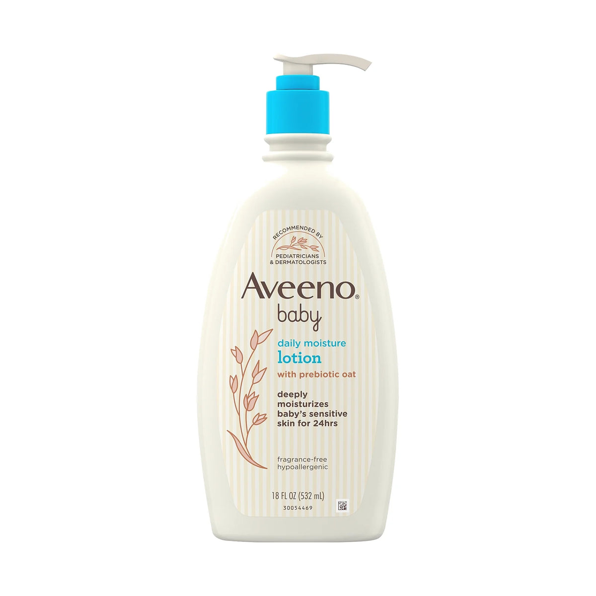 Aveeno Baby Daily Moisture Lotion, flacon de lotion hydratante pour bébé, vu de face sur fond neutre
