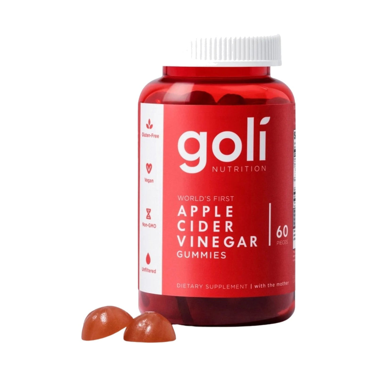 Goli Apple Cider Vinegar Gummies 60 pcs, pot de gommes au vinaigre de cidre, vu de face sur fond neutre