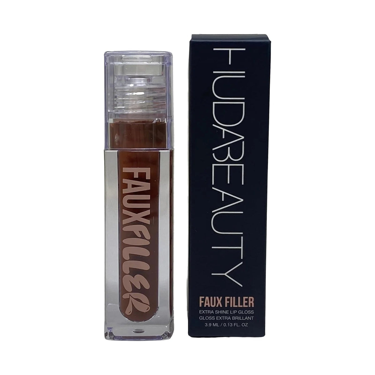 Gloss Huda Beauty Faux Filler 3,9 ml, teinte Coco, sur fond blanc