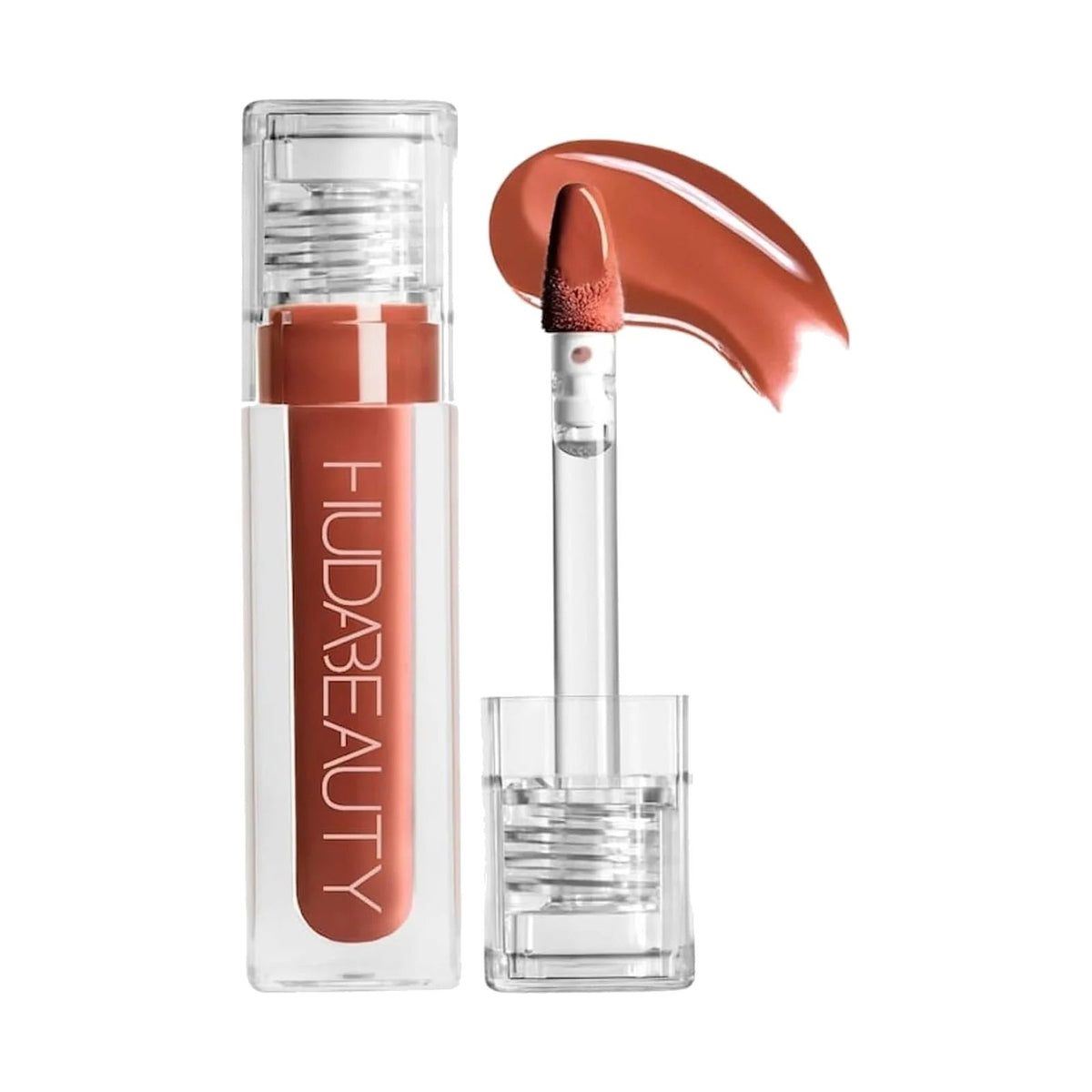 Gloss Huda Beauty Faux Filler 3,9 ml, teinte Foxy, sur fond blanc