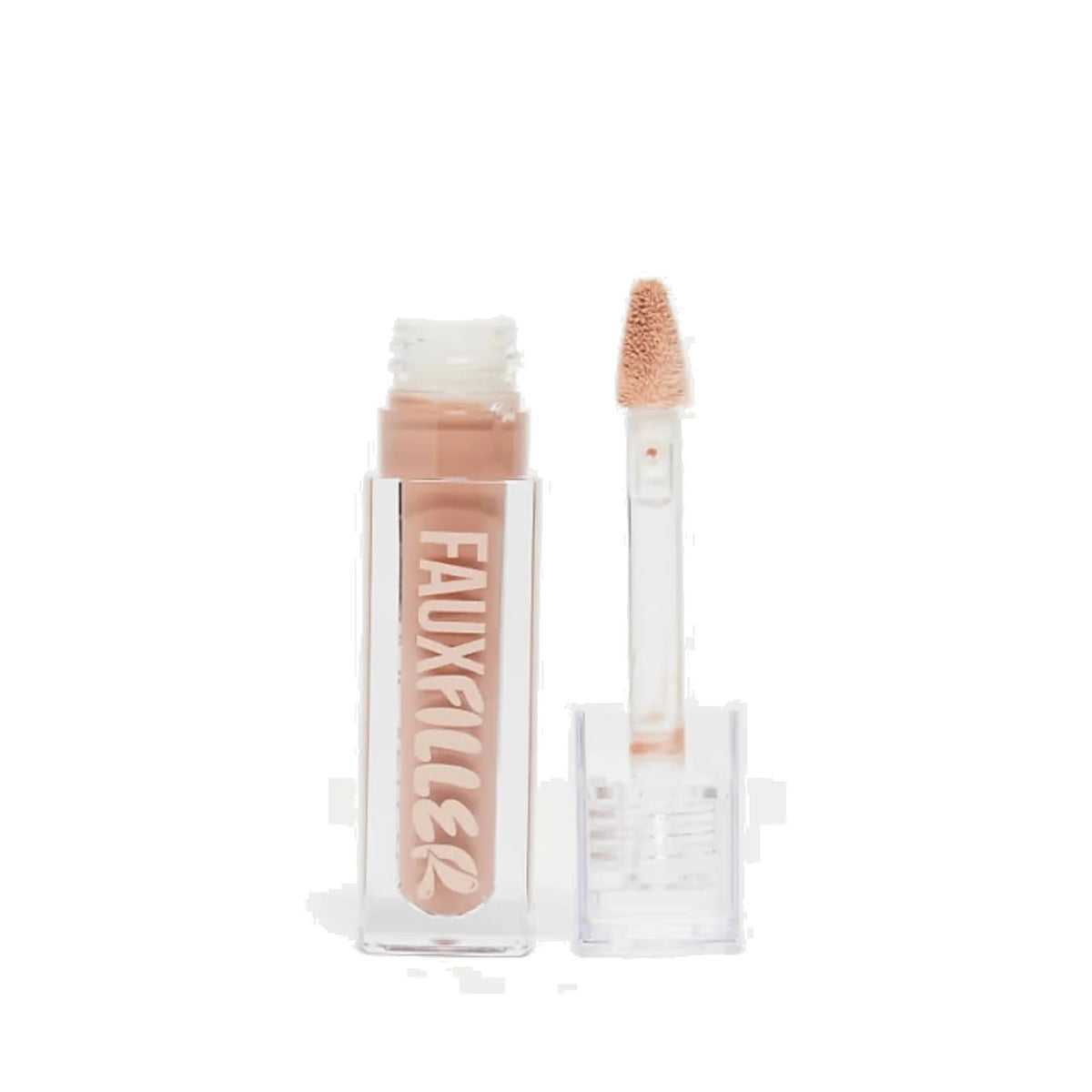 Gloss Huda Beauty Faux Filler 3,9 ml, teinte Honey, sur fond blanc