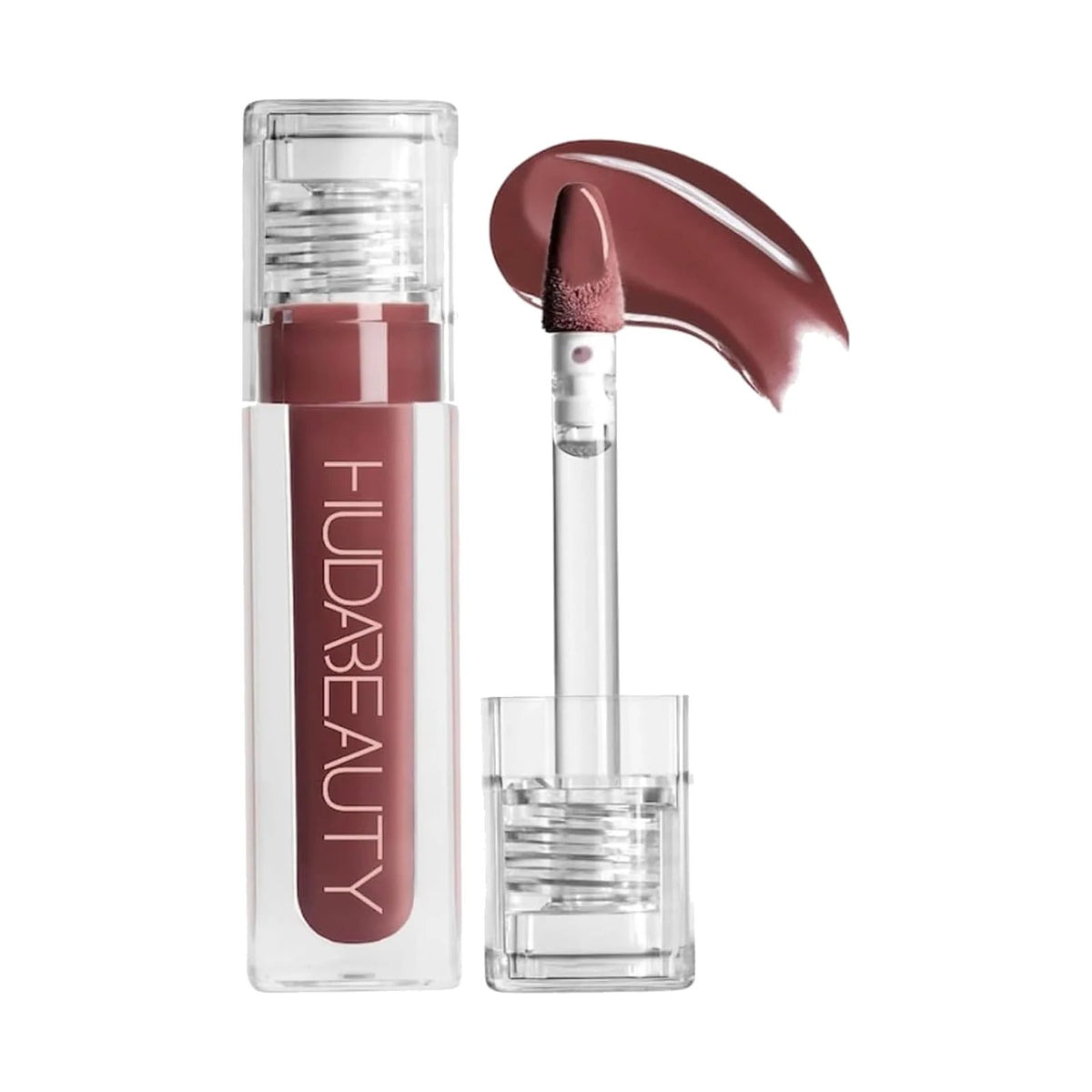 Gloss Huda Beauty Faux Filler 3,9 ml, teinte Posh, sur fond blanc