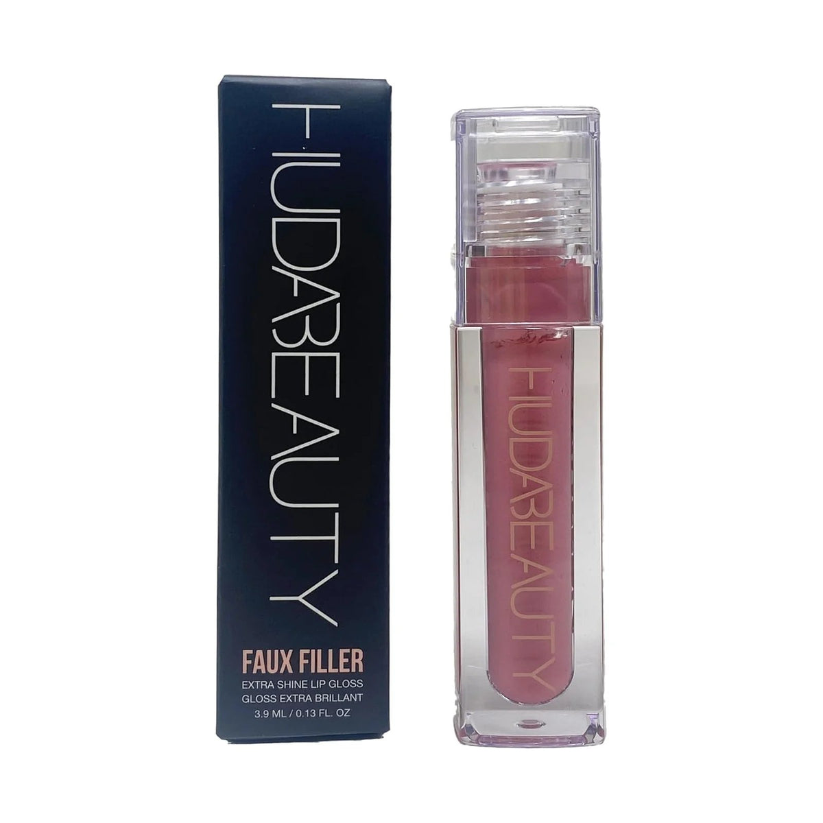 Gloss Huda Beauty Faux Filler 3,9 ml, teinte Sugar Baby, sur fond blanc