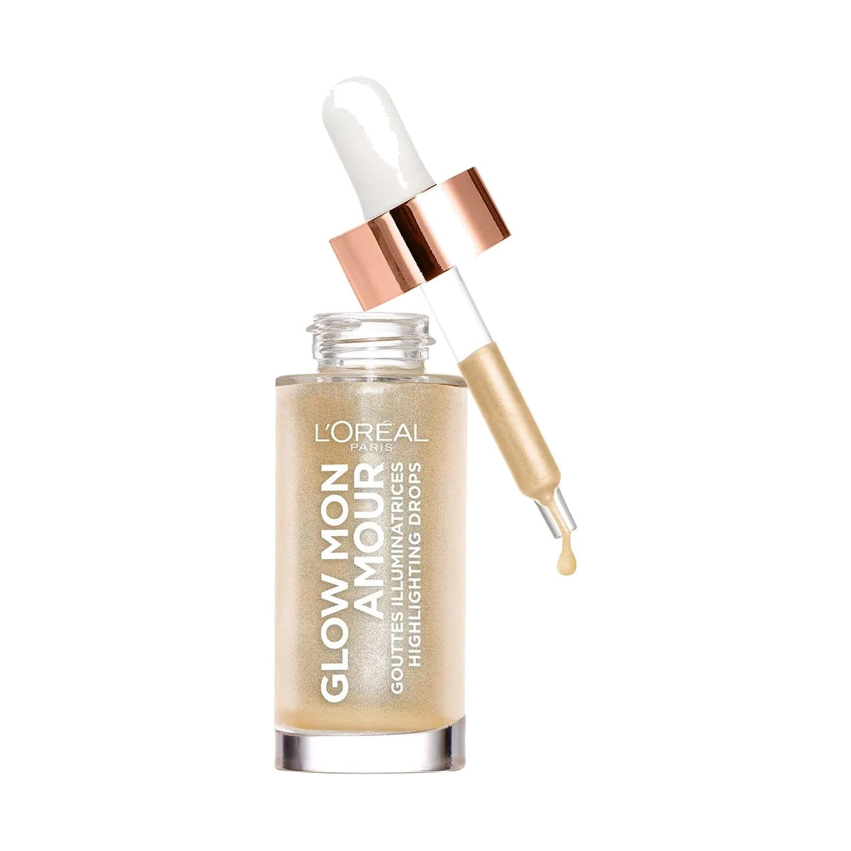 Flacon de gouttes illuminatrices L'Oréal Paris Glow Mon Amour sur fond blanc