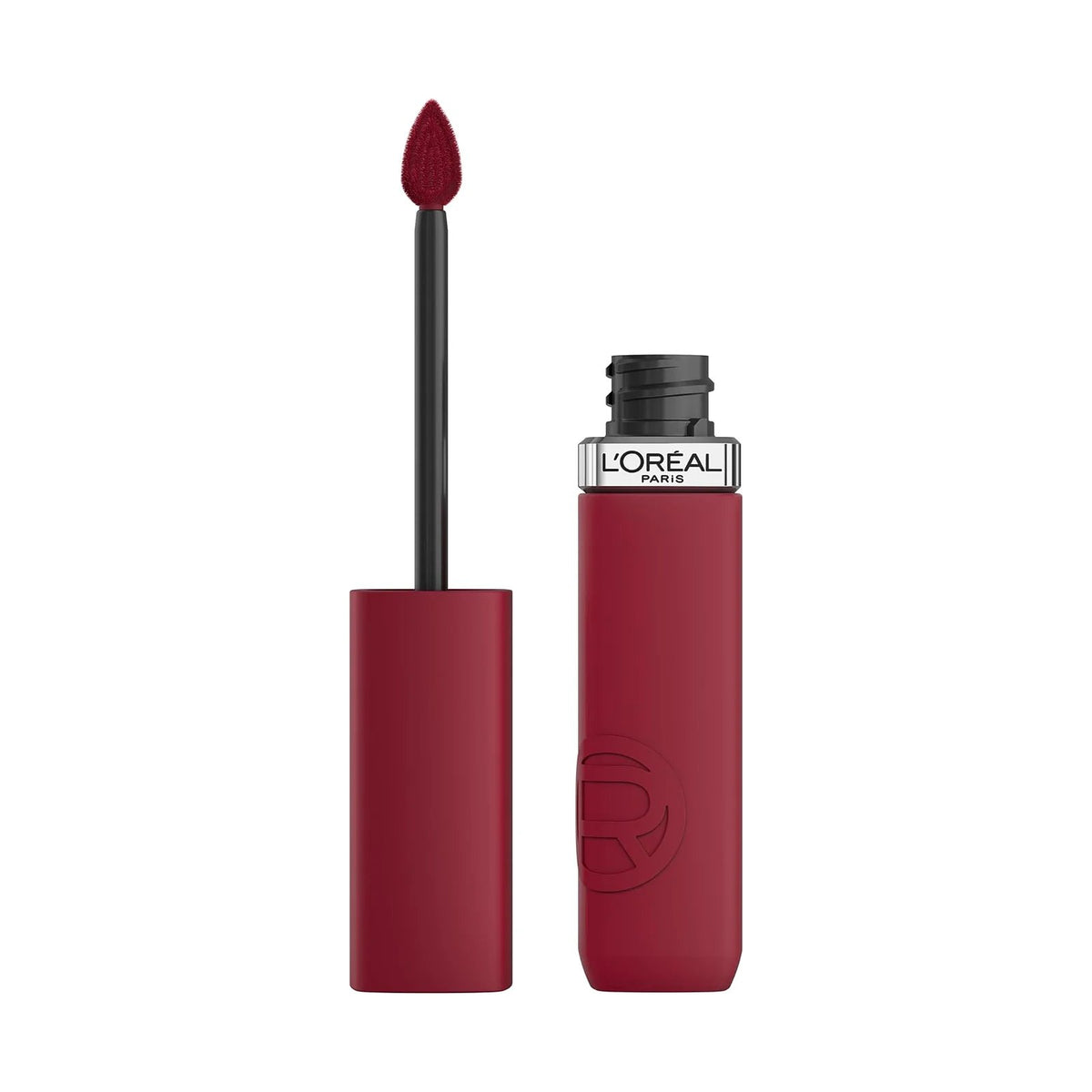 Rouge à lèvres liquide L'Oréal Paris Infaillible Matte Resistance, teinte 500 Wine Not, sur fond blanc