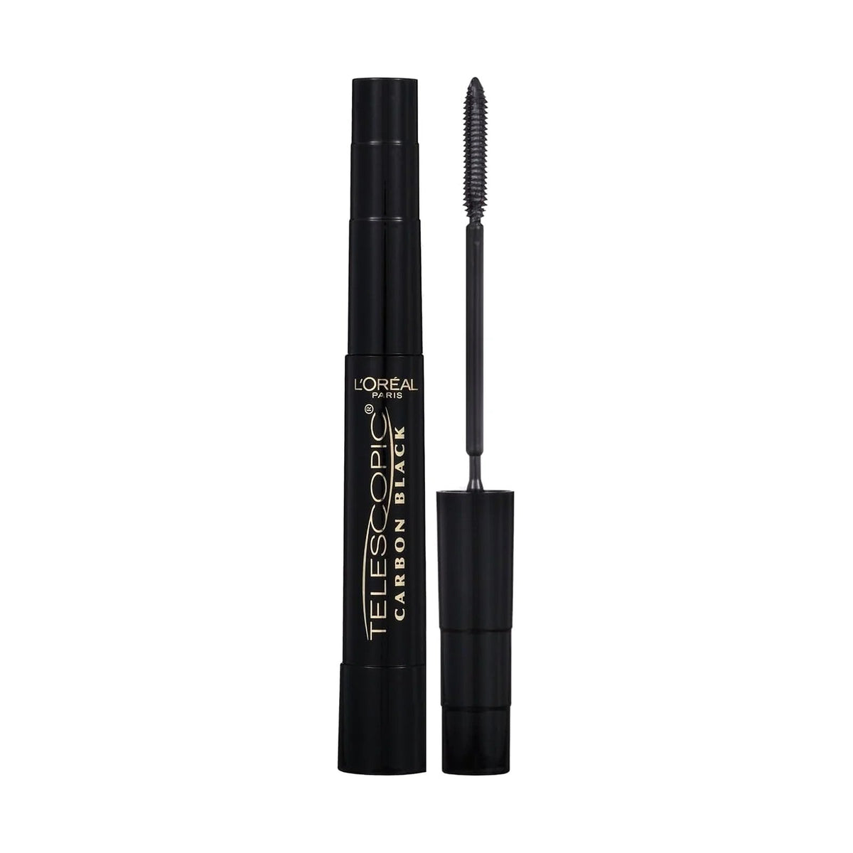 Mascara noir L'Oréal Paris Telescopic, teinte Carbon Black, sur fond blanc