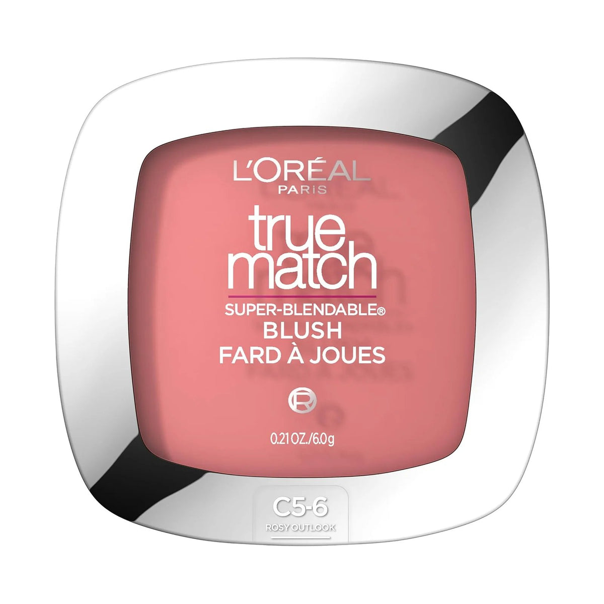 Blush poudre L'Oréal Paris True Match dans son boîtier, teinte Rosy Outlook, sur fond blanc