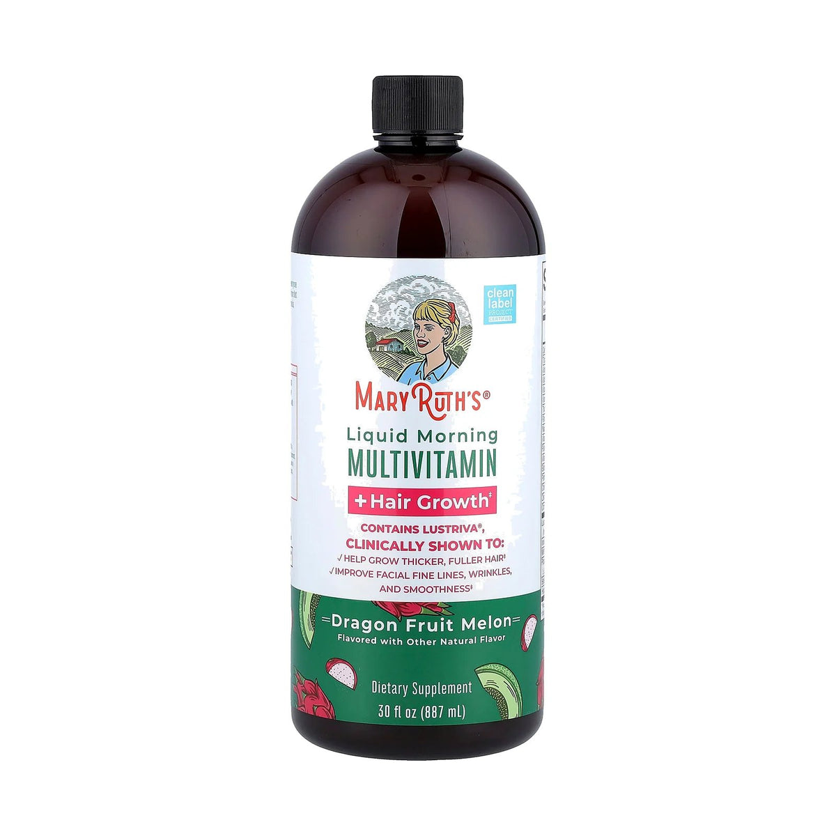 Flacon MaryRuth's Liquid Morning Multivitamin + Hair Growth Fruit du dragon et melon 887 ml sur fond blanc