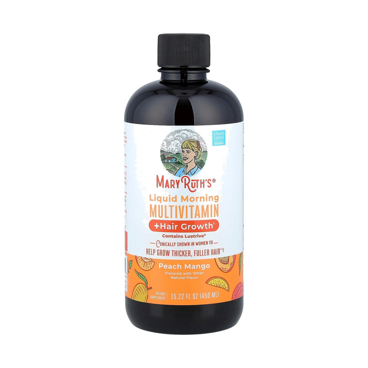 Flacon MaryRuth's Liquid Morning Multivitamin + Hair Growth Pêche mangue 450 ml sur fond blanc