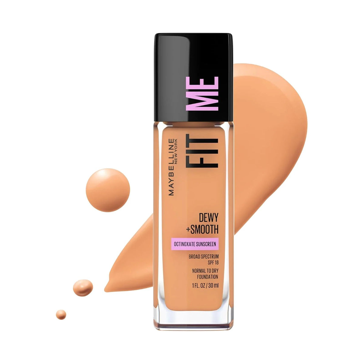 Fond de teint Maybelline Fit Me Dewy + Smooth 30 ml, teinte 322 Warm Honey, sur fond blanc