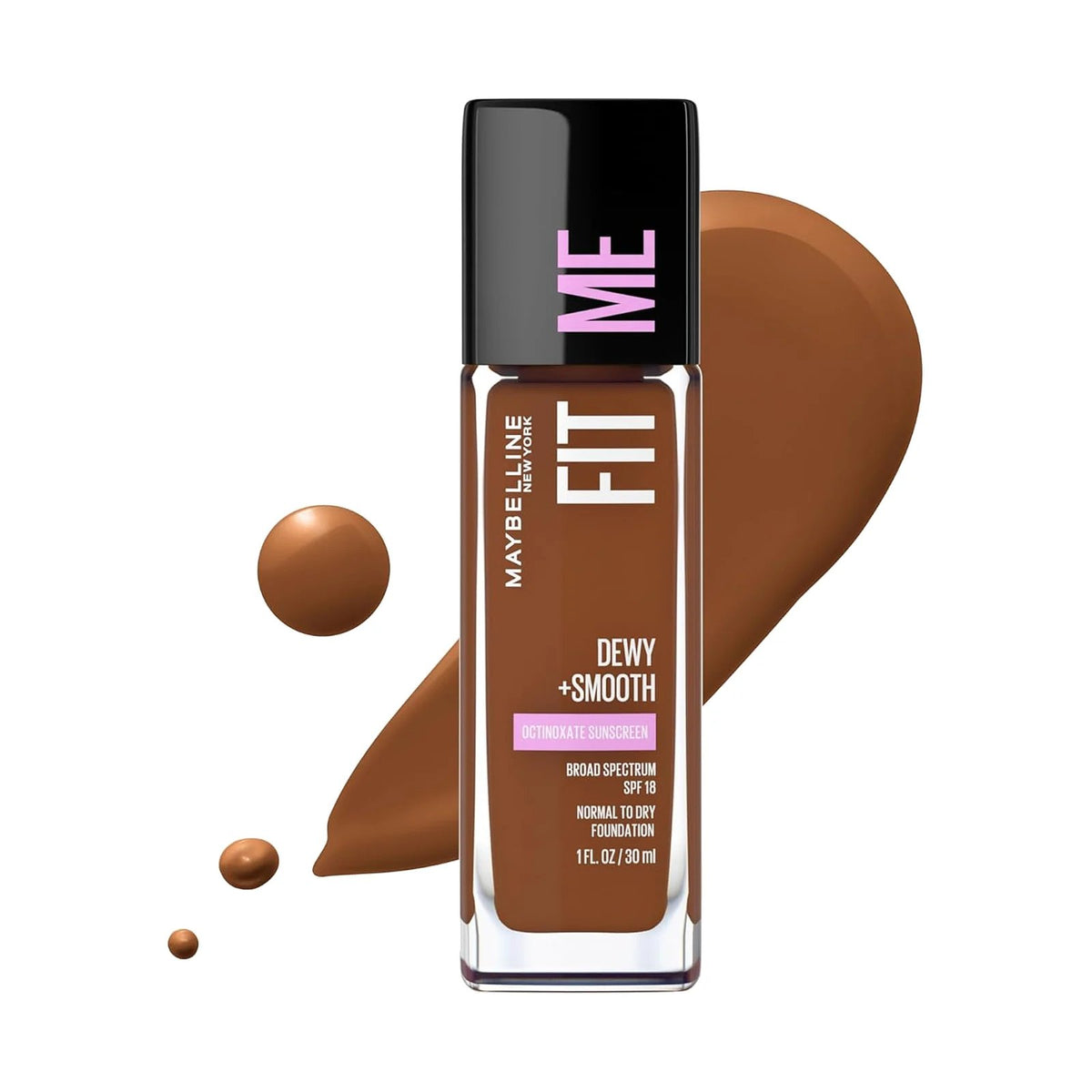 Fond de teint Maybelline Fit Me Dewy + Smooth 30 ml, teinte 375 Java, sur fond blanc