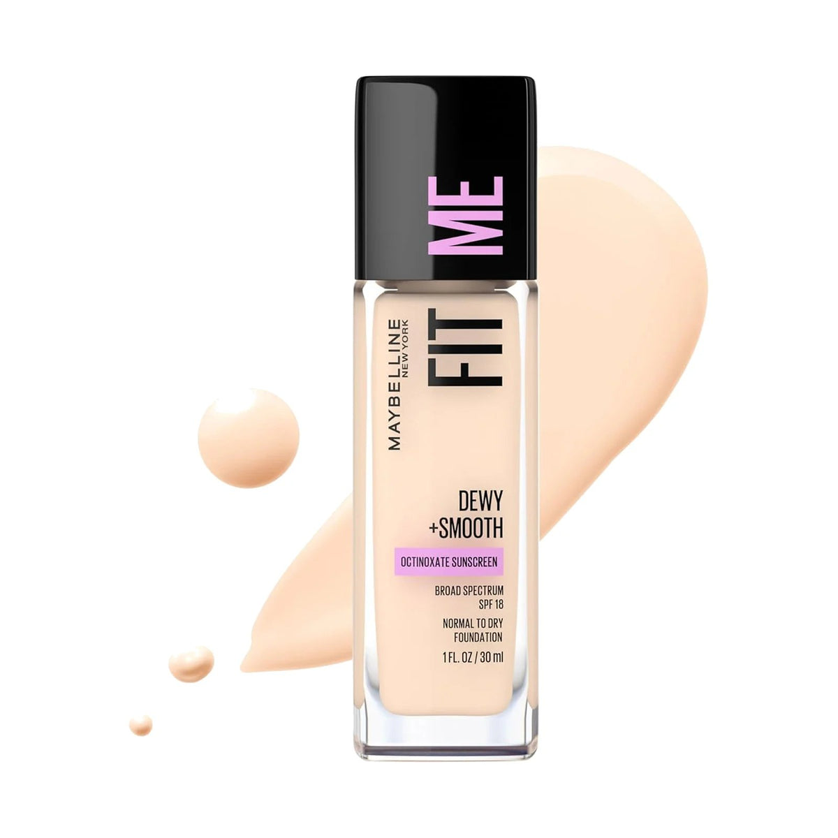 Fond de teint Maybelline Fit Me Dewy + Smooth 30 ml, teinte Fair, sur fond blanc