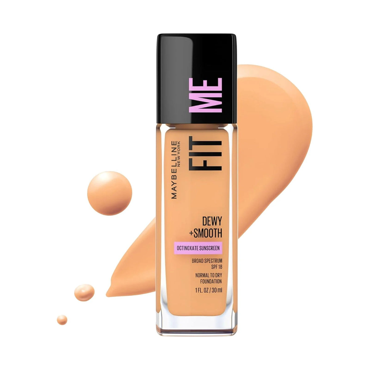 Fond de teint Maybelline Fit Me Dewy + Smooth 30 ml, teinte Soft Tan, sur fond blanc