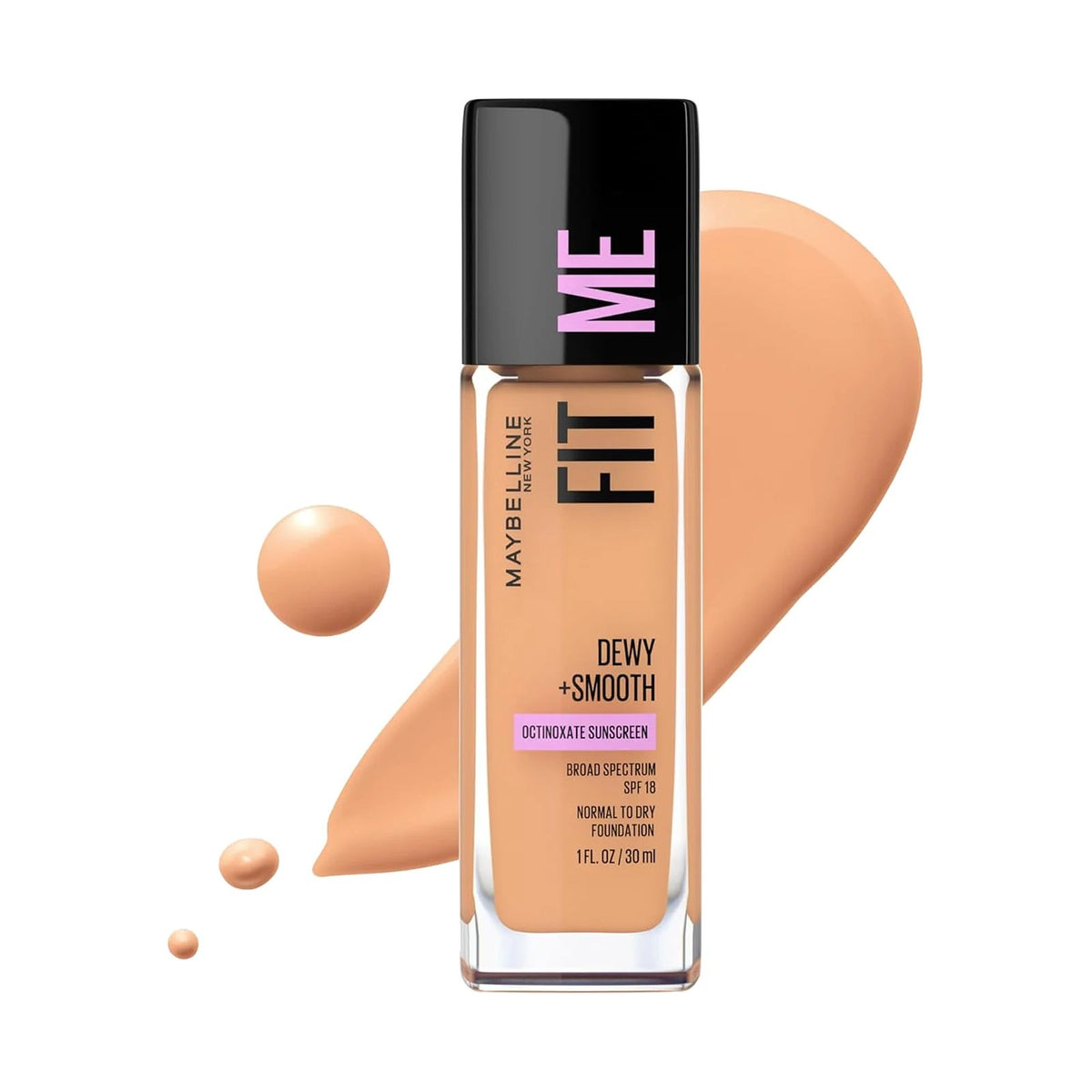 Fond de teint Maybelline Fit Me Dewy + Smooth 30 ml, teinte Sun Beige, sur fond blanc