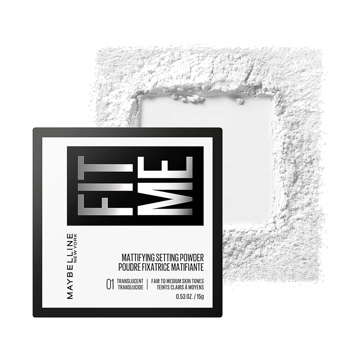 Poudre libre Maybelline Fit Me Loose Setting Powder 15 g, teinte 01 Translucent, sur fond blanc