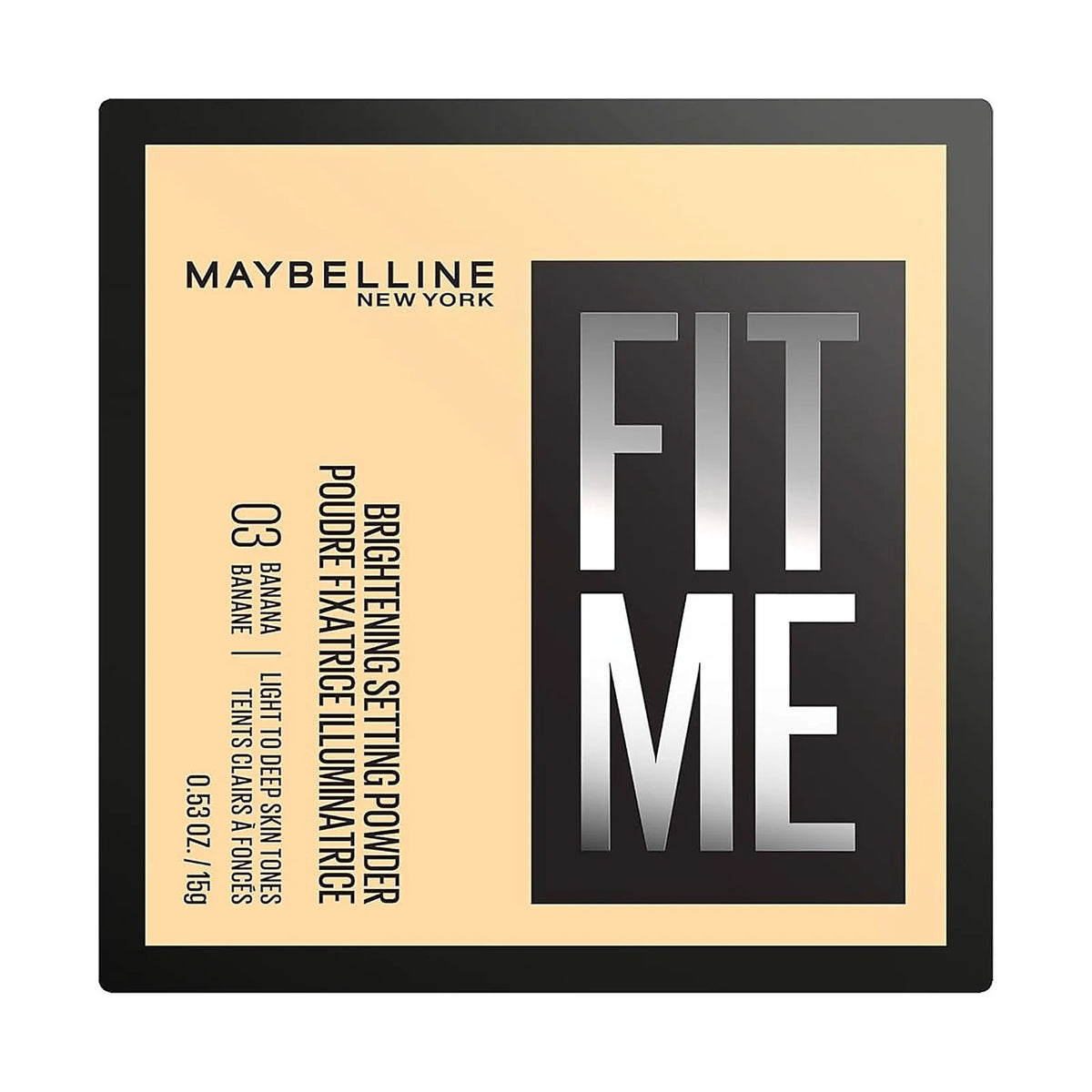 Poudre libre Maybelline Fit Me Loose Setting Powder 15 g, teinte 03 Brightening Banana, sur fond blanc
