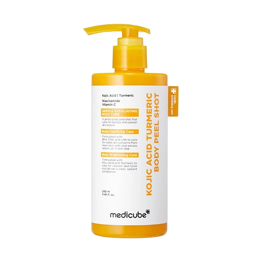 Peeling corps Medicube Kojic Acid Turmeric Body Peel Shot 280 ml, flacon pompe seul sur fond blanc