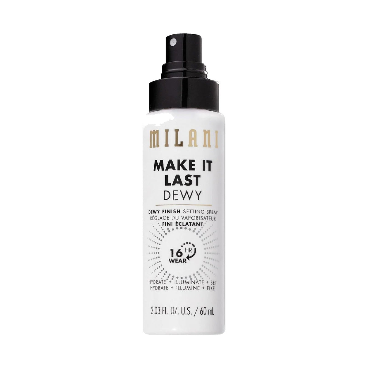 Spray fixateur Milani Make It Last 60 ml, Dewy (lumineux), sur fond blanc